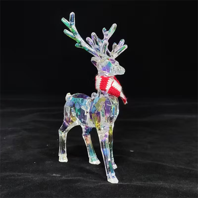 Clear Standing Elk Reindeer Figurine with Red & White Striped Scarf Iridescent Antlers Durable Plastic Christmas Decor Elegant Holiday Table top Desk Statue