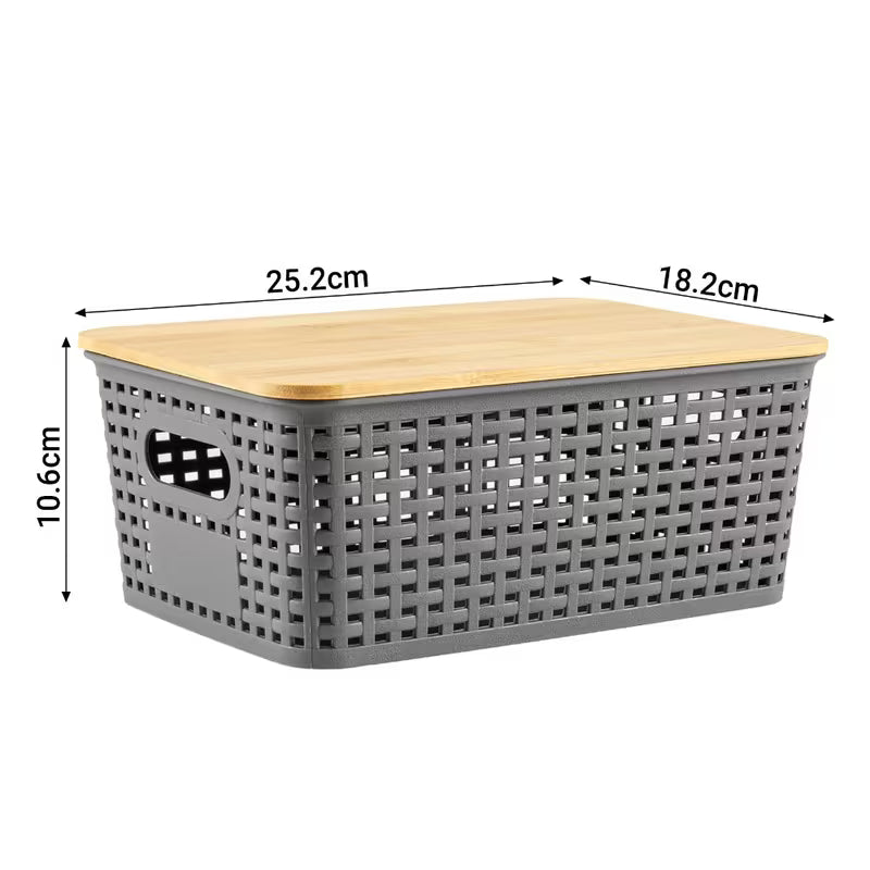 Grey Stackable Storage Bins with Bamboo Lids Plastic Organiser Boxes for Home & Office