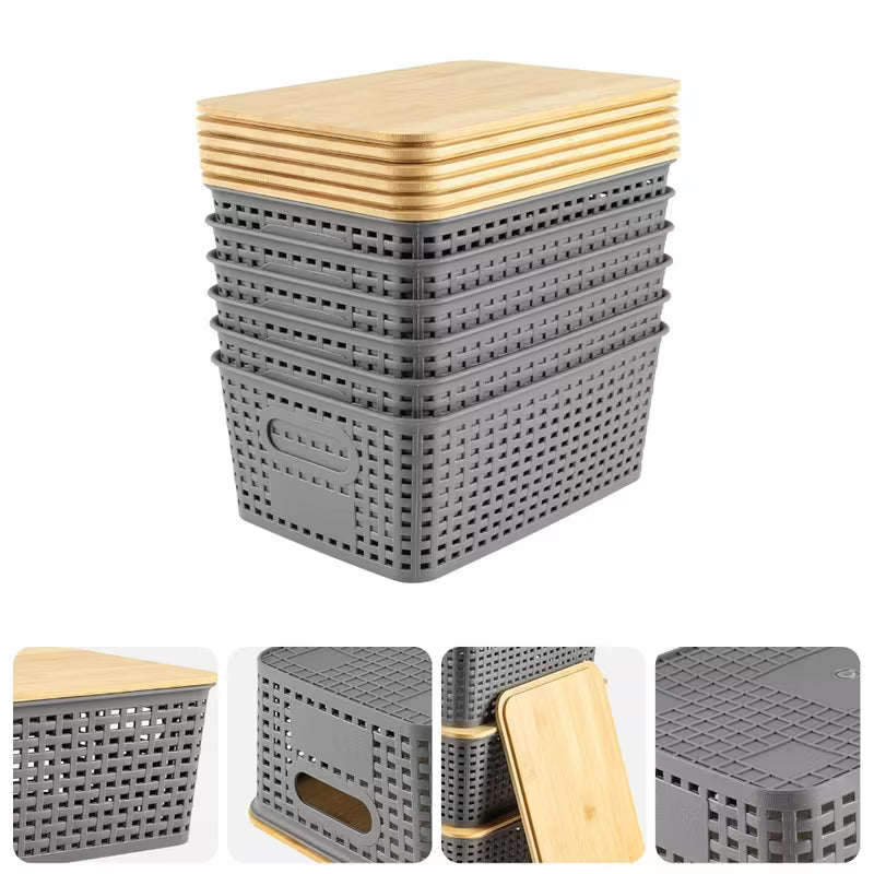 Grey Stackable Storage Bins with Bamboo Lids Plastic Organiser Boxes for Home & Office