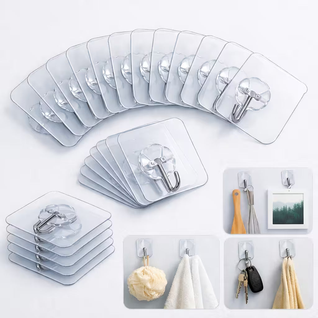 Transparent Adhesive Hooks Waterproof Durable Strong Wall Mount Utility Plastic Hooks for Home Office Kitchen