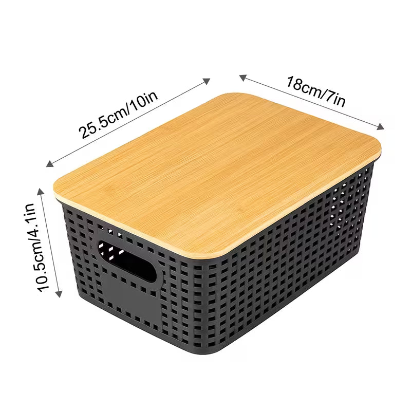 Black Stackable Storage Bins with Bamboo Lids Plastic Organiser Boxes for Home & Office