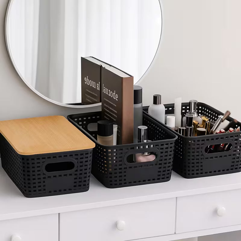 Stackable Storage Bins with Bamboo Lids Modern Plastic Organizer Boxes for Home Storage
