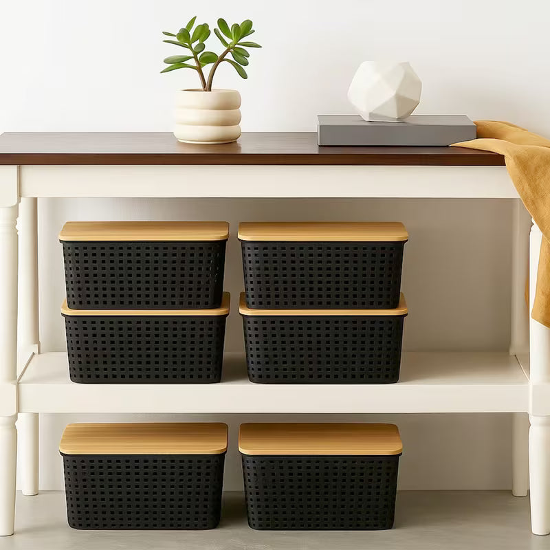Black Stackable Storage Bins with Bamboo Lids Plastic Organiser Boxes for Home & Office