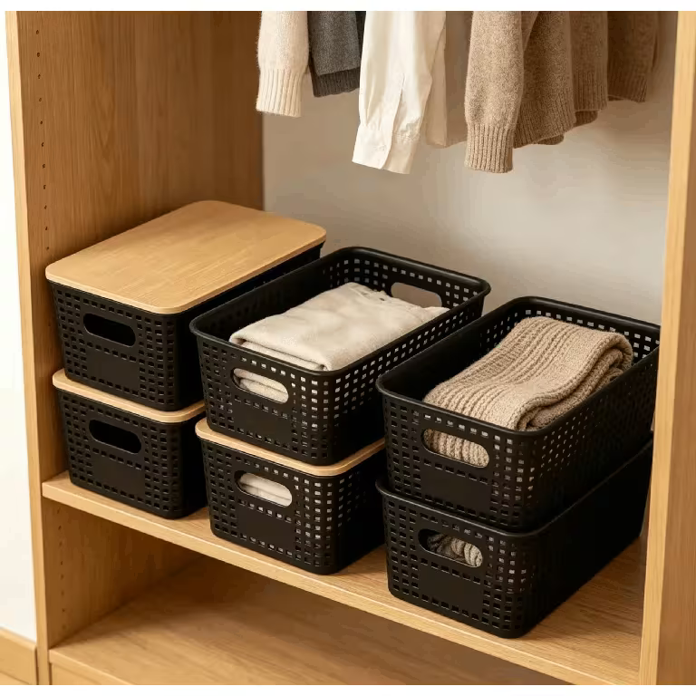 Black Stackable Storage Bins with Bamboo Lids Plastic Organiser Boxes for Home & Office