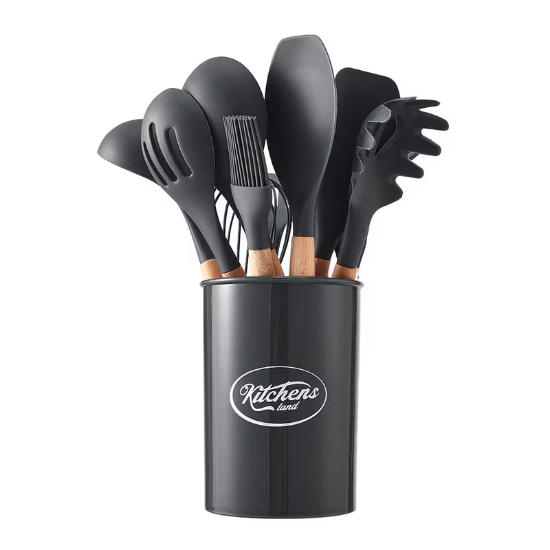11PCS Silicone Kitchen Utensil Set with Wooden Handles Heat Resistant Non Stick Cooking Tools