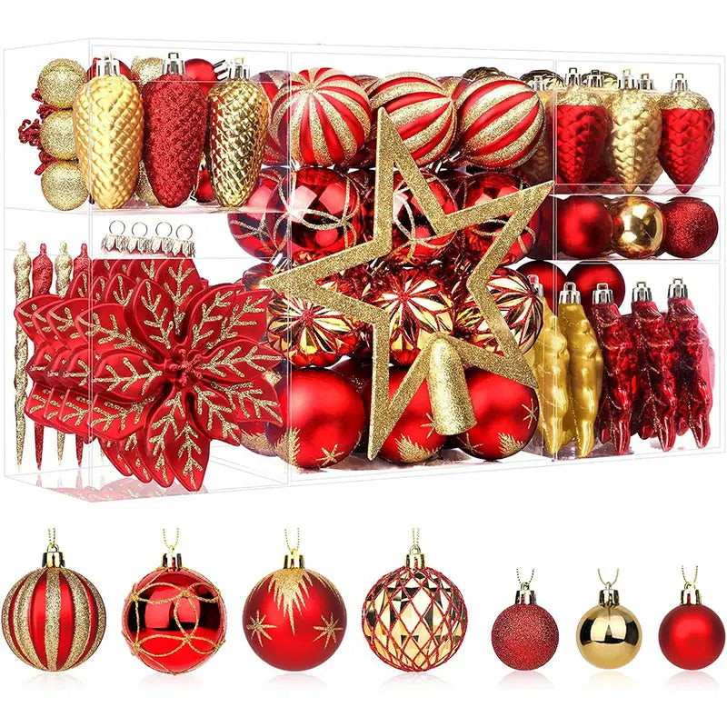 106 Piece Red Gold Christmas Decoration Ornaments Set Baubles Tree Topper Hooks Included