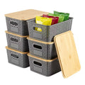 6 Pack Stackable Storage Bins with Bamboo Lids Modern Plastic Organizer Boxes for Home Storage
