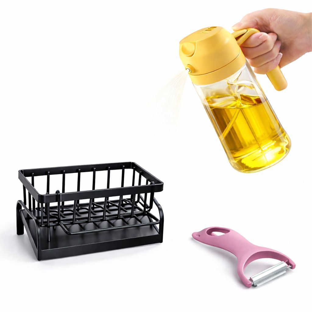 3pcs Kitchen Essential Value Pack | Sink Organiser, Oil Spray Bottle & Peeler