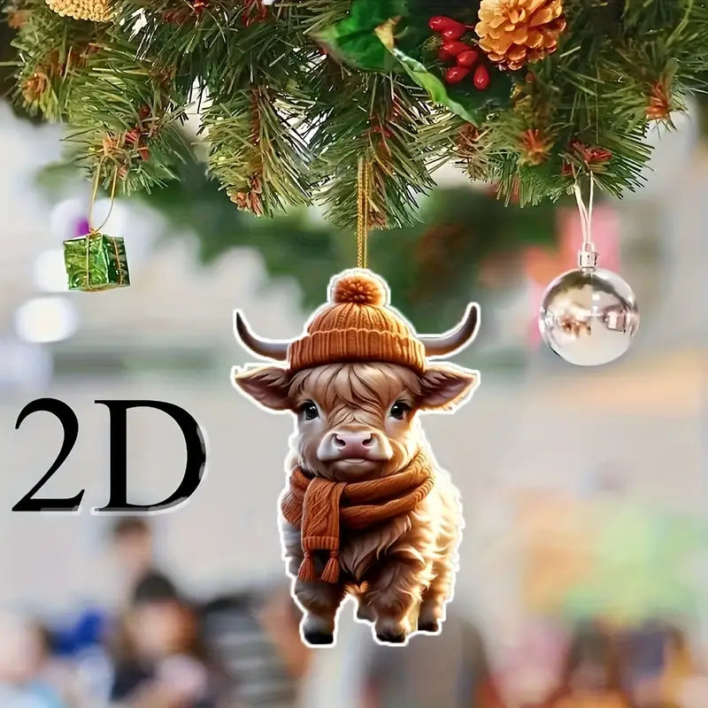 2D Cute Highland Cow Acrylic Pendant Flat Christmas Tree Decoration Home Decor
