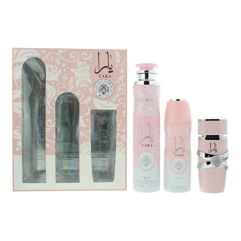 Lattafa Yara 3pcs Gift Set Eau De Parfum 100ml Air Freshener 300ml Perfumed Spray 200ml