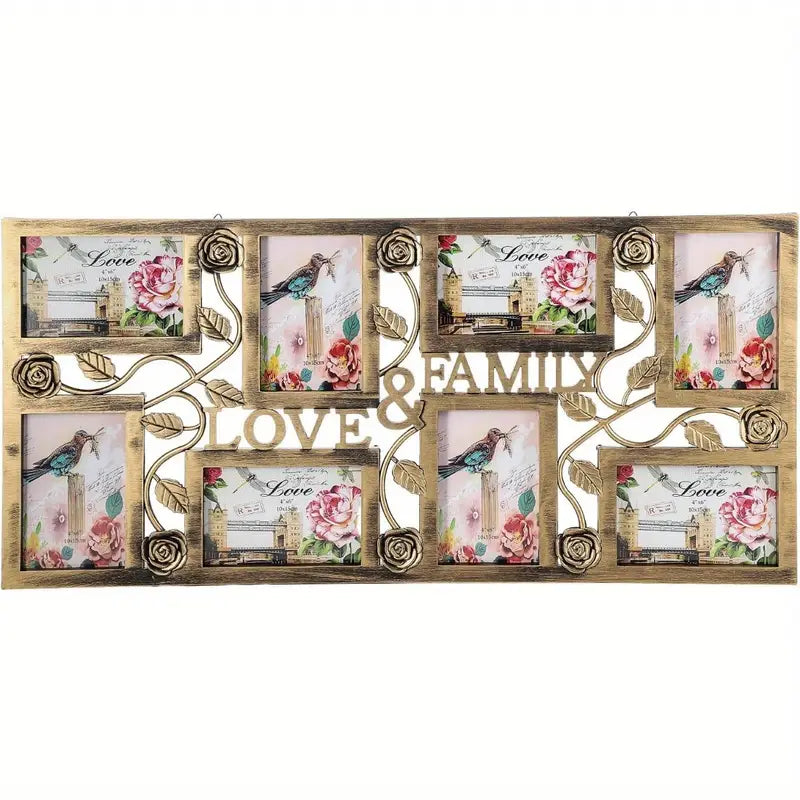 Decorative wall frame with 'Love & Family' text and floral designs.