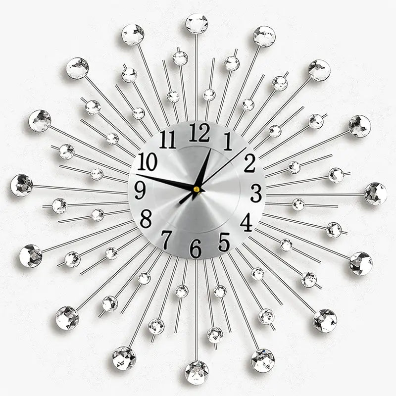 Crystal diamond modern wall clock with silver metal flower design – 45cm decorative home décor clock