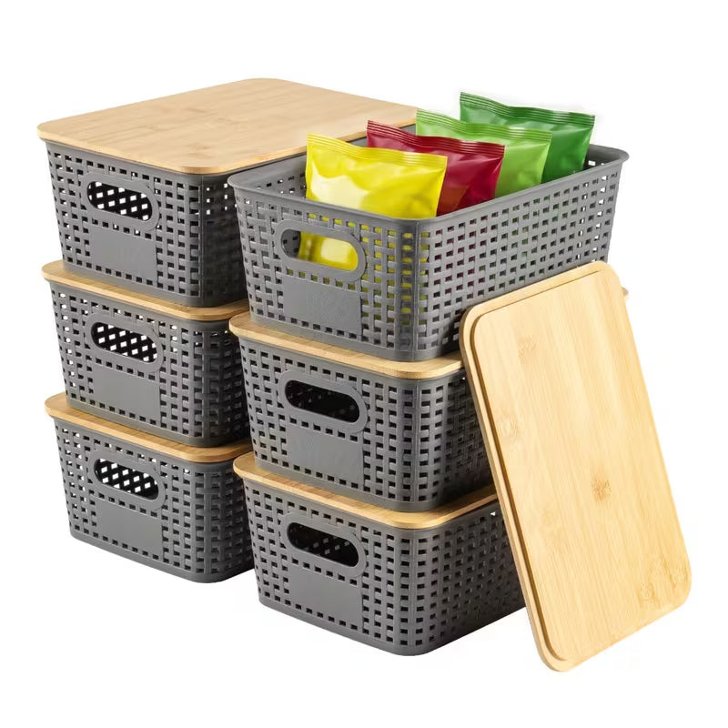 Grey Stackable Storage Bins with Bamboo Lids Plastic Organiser Boxes for Home & Office