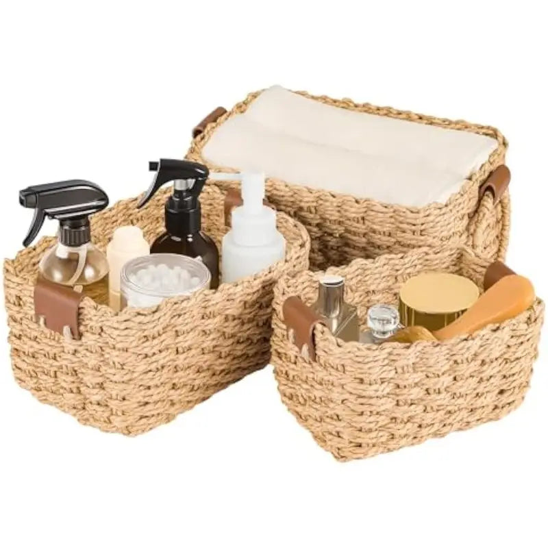 Woven Storage Basket Set with Handles 3PCS Cute Natural Paper Rope Organizer for Home Décor