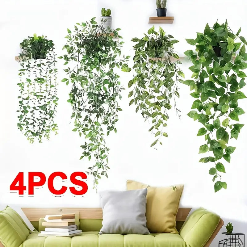 4PCS artificial hanging plants in pots displayed above a green sofa for indoor home décor.