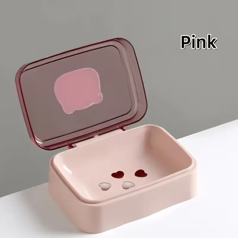 Cute Bear Flip Top Soap Dish with Drainage Tray Creative Plastic Soap Holder