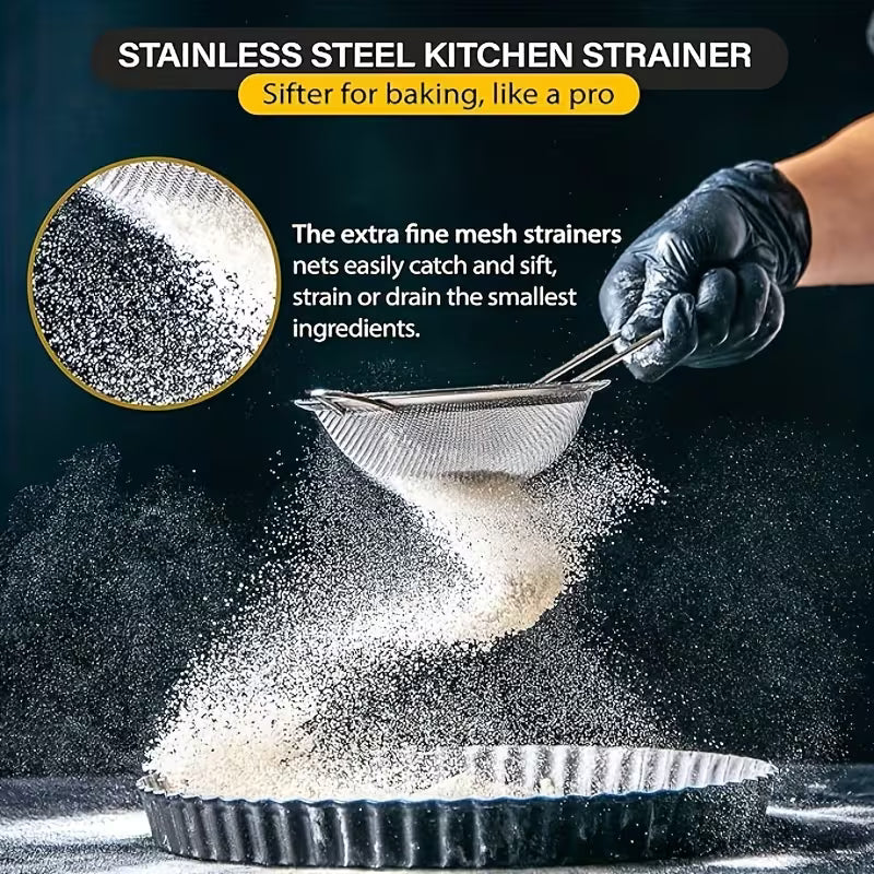 2 Piece Stainless Steel Fine Mesh Strainer with Handle Tea Juice Flour Kitchen Sifting Filter