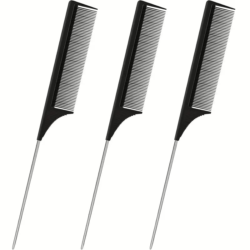 3 Pack Rat Tail Hair Comb Set Detangling Combs with Stainless Steel Pintail Professional Styling Tools for Sleek Parting