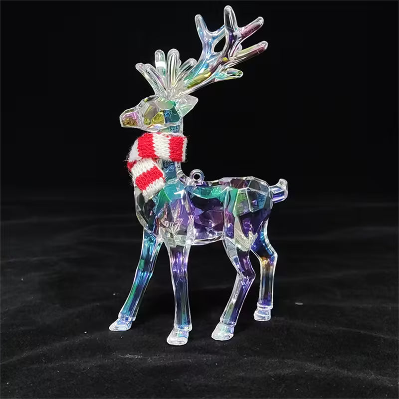 Clear Standing Elk Reindeer Figurine with Red & White Striped Scarf Iridescent Antlers Durable Plastic Christmas Decor Elegant Holiday Table top Desk Statue