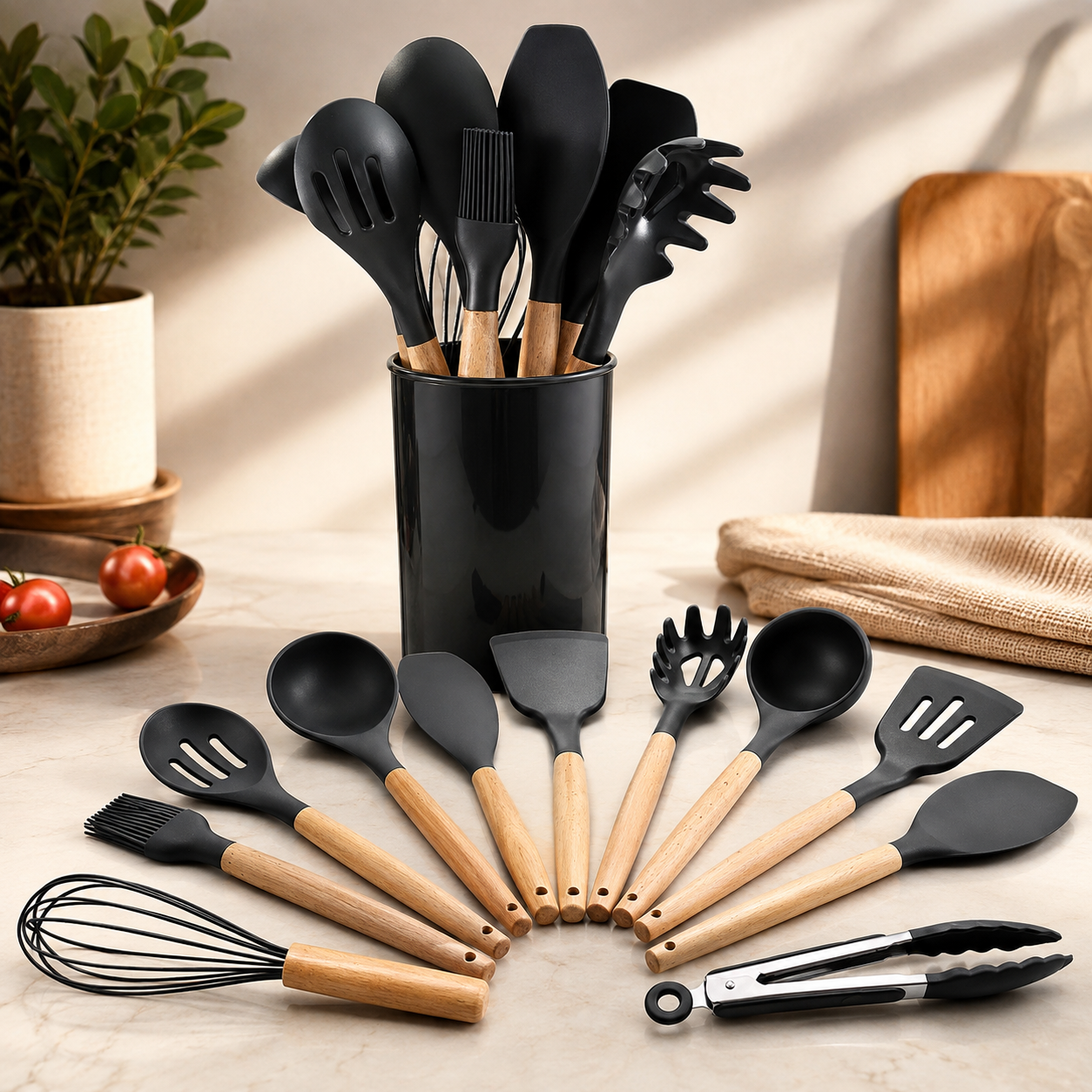 11PCS Silicone Kitchen Utensil Set with Wooden Handles Heat Resistant Non Stick Cooking Tools