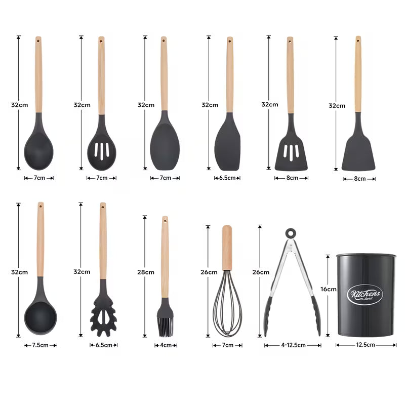 11PCS Silicone Kitchen Utensil Set with Wooden Handles Heat Resistant Non Stick Cooking Tools