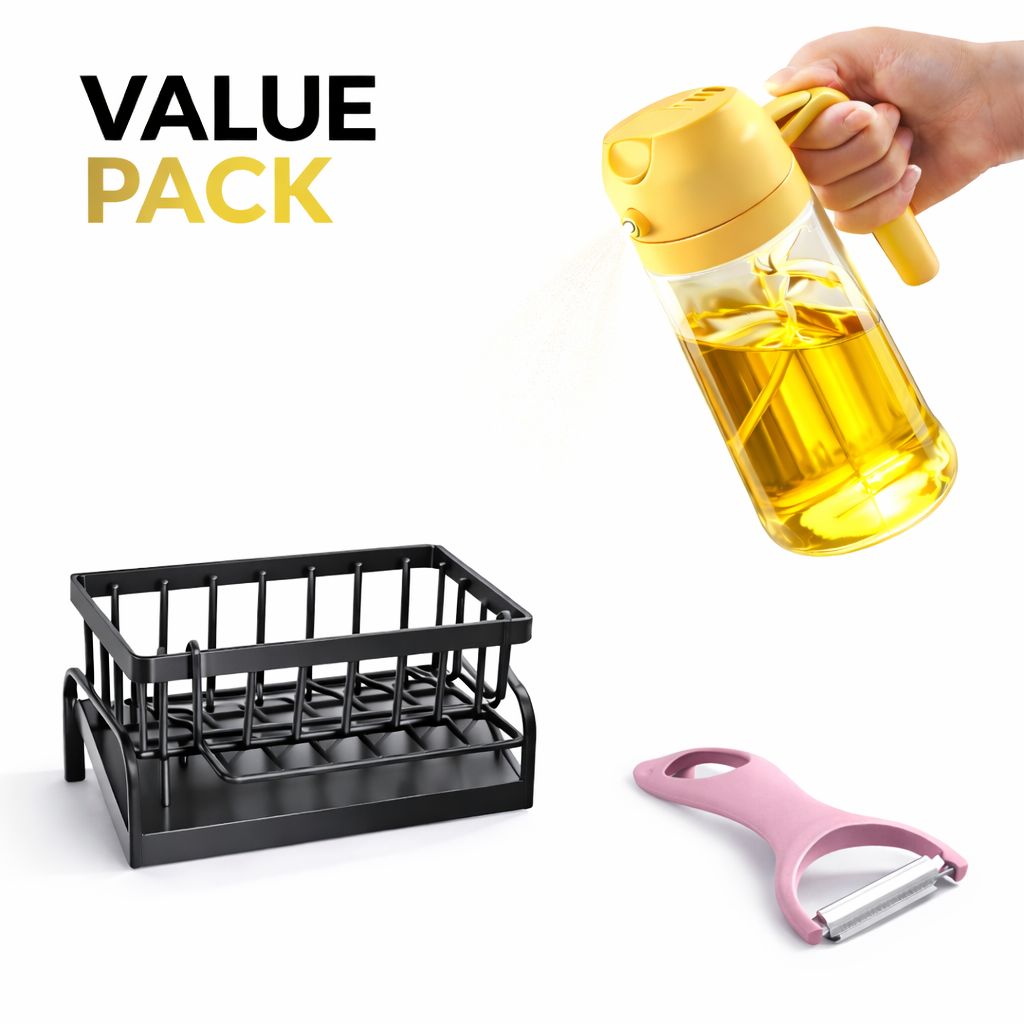 3pcs Kitchen Essential Value Pack | Sink Organiser, Oil Spray Bottle & Peeler