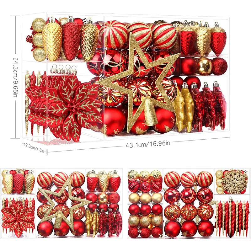 106 Piece Red Gold Christmas Decoration Ornaments Set Baubles Tree Topper Hooks Included