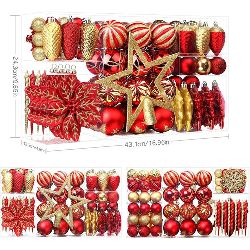 106 Piece Red Gold Christmas Decoration Ornaments Set Baubles Tree Topper Hooks Included