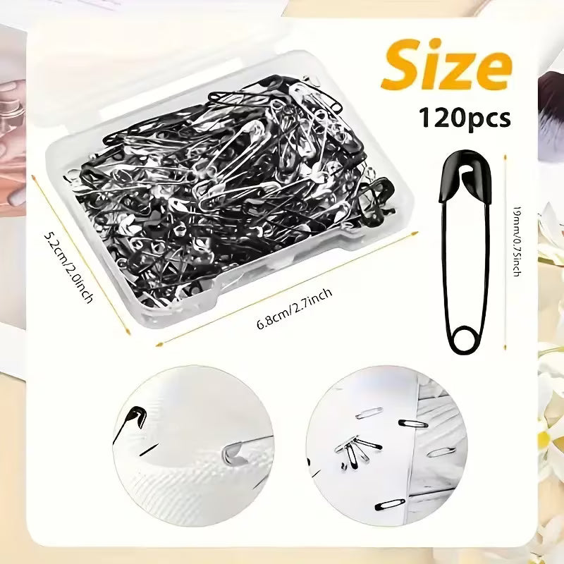 120pcs Mini Safety Pins 19mm Small Black Safety Pins for Sewing Clothing Repair with Storage Box