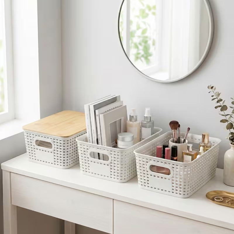 White Stackable Storage Bins with Bamboo Lids Plastic Organiser Boxes for Home & Office