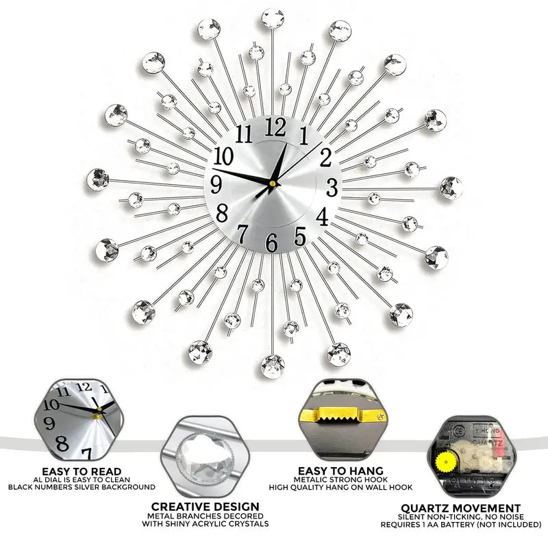 Modern decorative wall clock with non-ticking quartz movement and crystal details