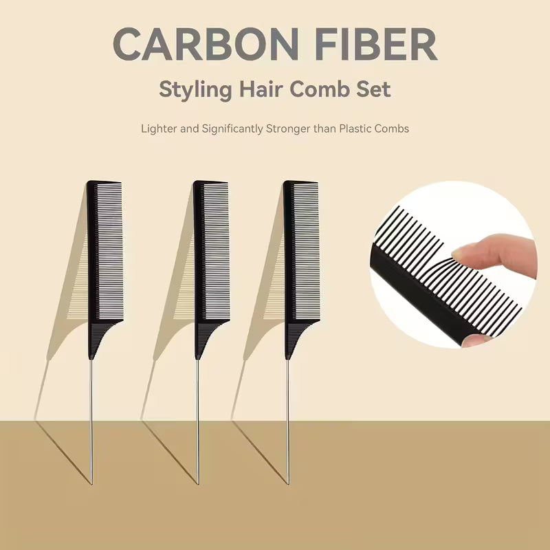 3 Pack Rat Tail Hair Comb Set Detangling Combs with Stainless Steel Pintail Professional Styling Tools for Sleek Parting