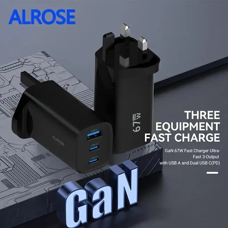 Black fast charging adapter with multiple ports on a gray background, featuring the ALROSE brand.