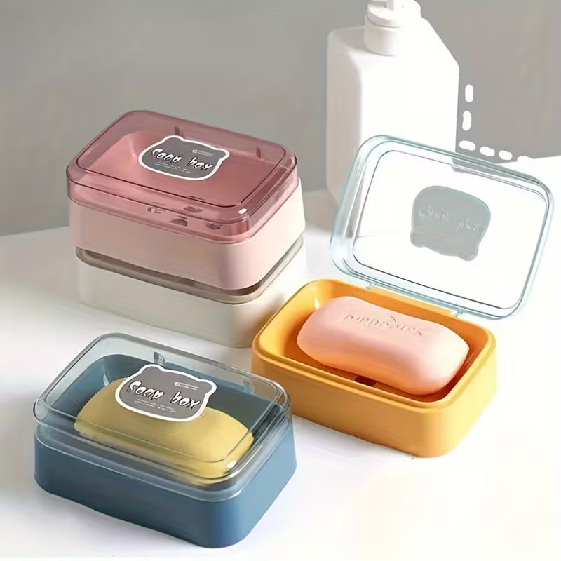 Cute Bear Flip Top Soap Dish with Drainage Tray Creative Plastic Soap Holder