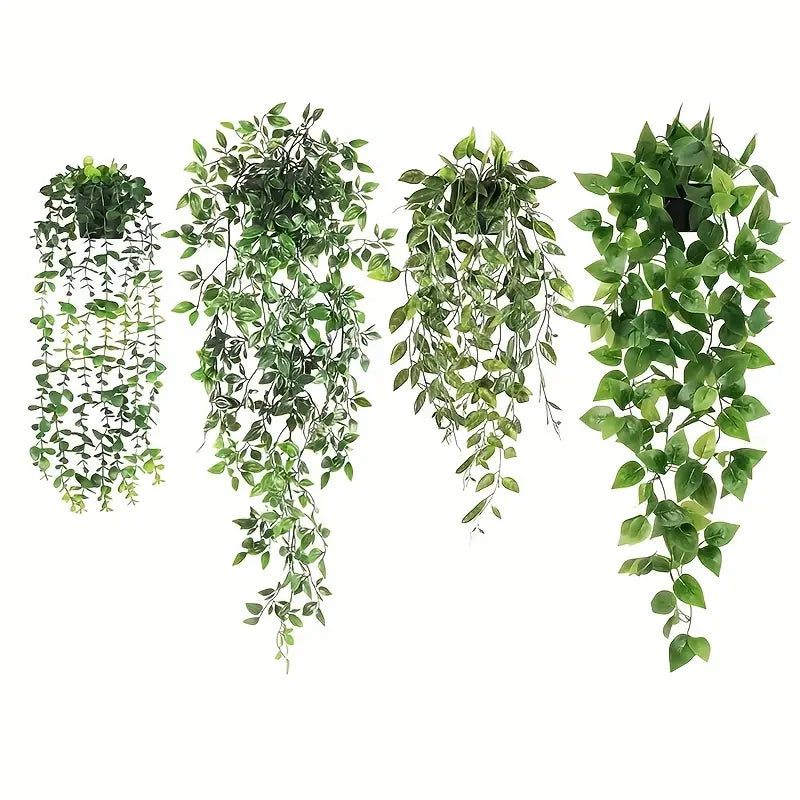 Artificial potted hanging plants placed on wall shelves adding greenery to a bright living room.