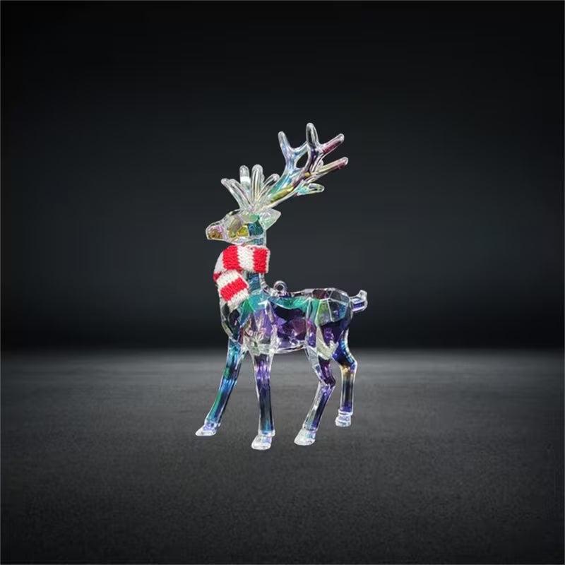 Clear Standing Elk Reindeer Figurine with Red & White Striped Scarf Iridescent Antlers Durable Plastic Christmas Decor Elegant Holiday Table top Desk Statue
