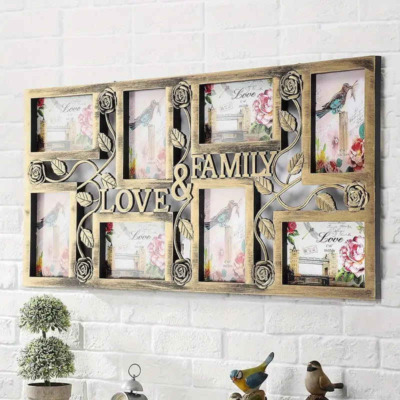 Decorative wall frame with 'Family Love' text on a white brick wall.
