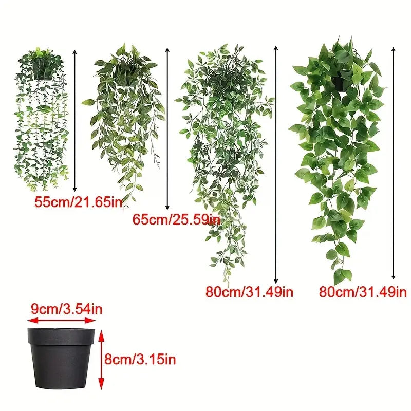 Set of artificial green vines with measurements on a white background