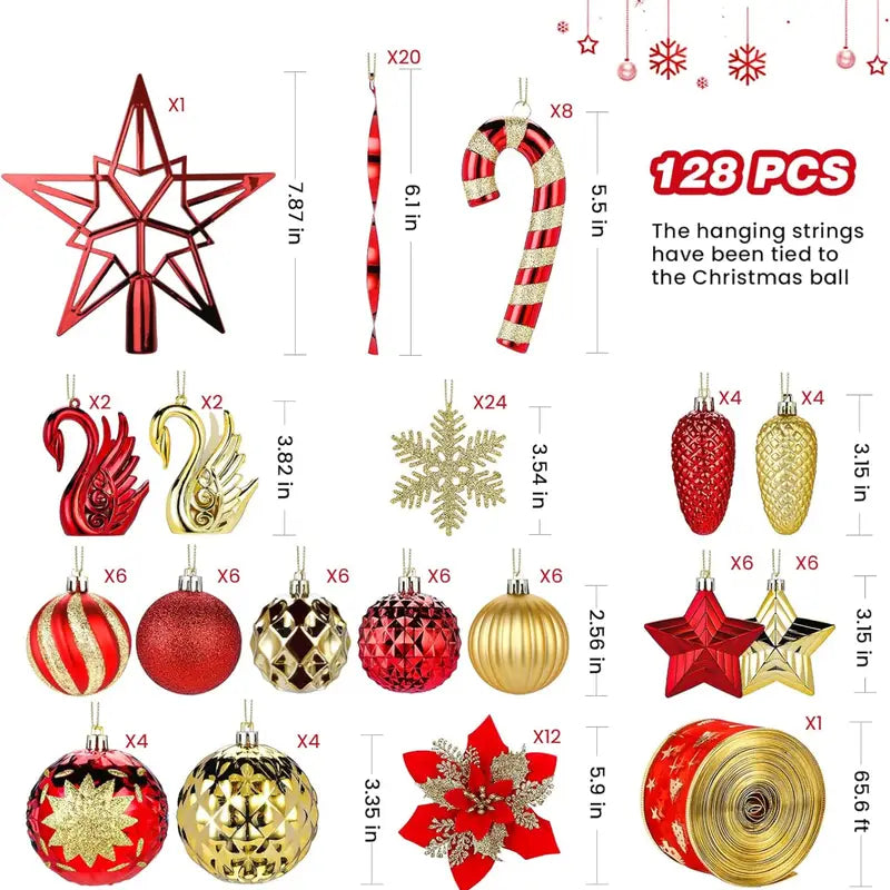 128 Piece Christmas Ornaments Set Decor for Christmas Tree Decoration