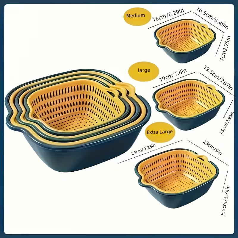 3PCS Fruit & Vegetable Washing Drain Basket Set for Kitchen Cleaning & Draining