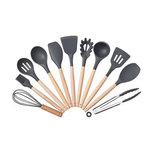 11PCS Silicone Kitchen Utensil Set with Wooden Handles Heat Resistant Non Stick Cooking Tools