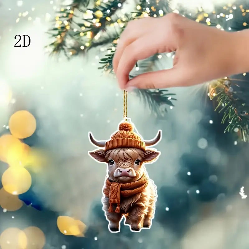 2D Cute Highland Cow Acrylic Pendant Flat Christmas Tree Decoration Home Decor