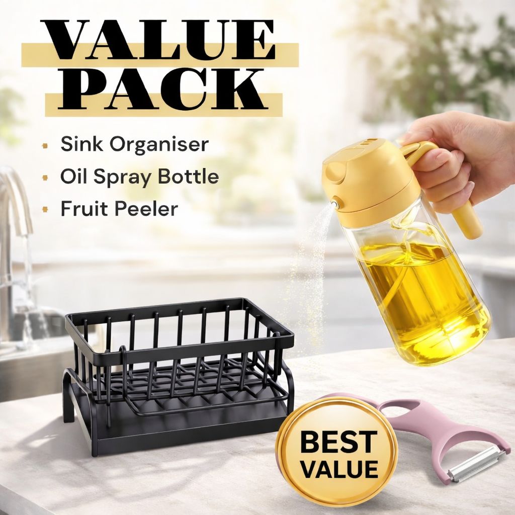 3pcs Kitchen Essential Value Pack | Sink Organiser, Oil Spray Bottle & Peeler