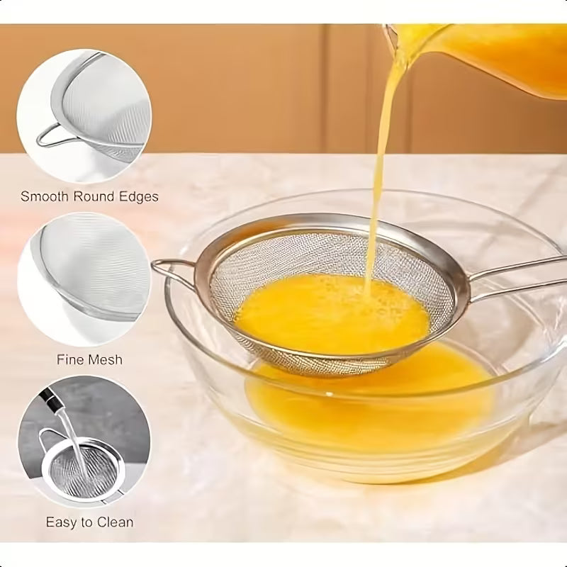 2 Piece Stainless Steel Fine Mesh Strainer with Handle Tea Juice Flour Kitchen Sifting Filter