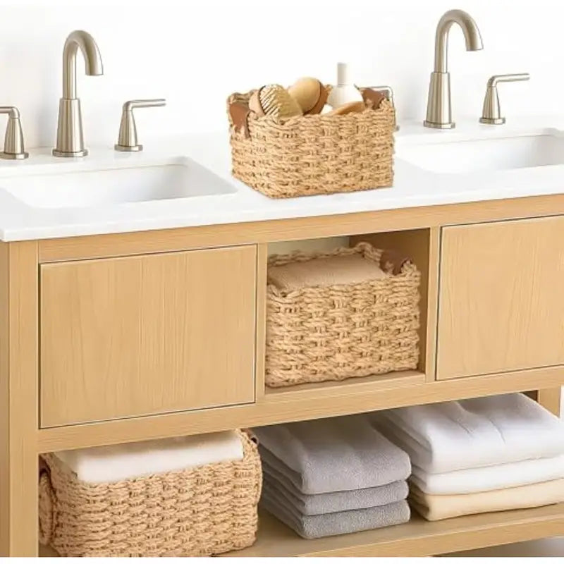 Woven Storage Basket Set with Handles 3PCS Cute Natural Paper Rope Organizer for Home Décor