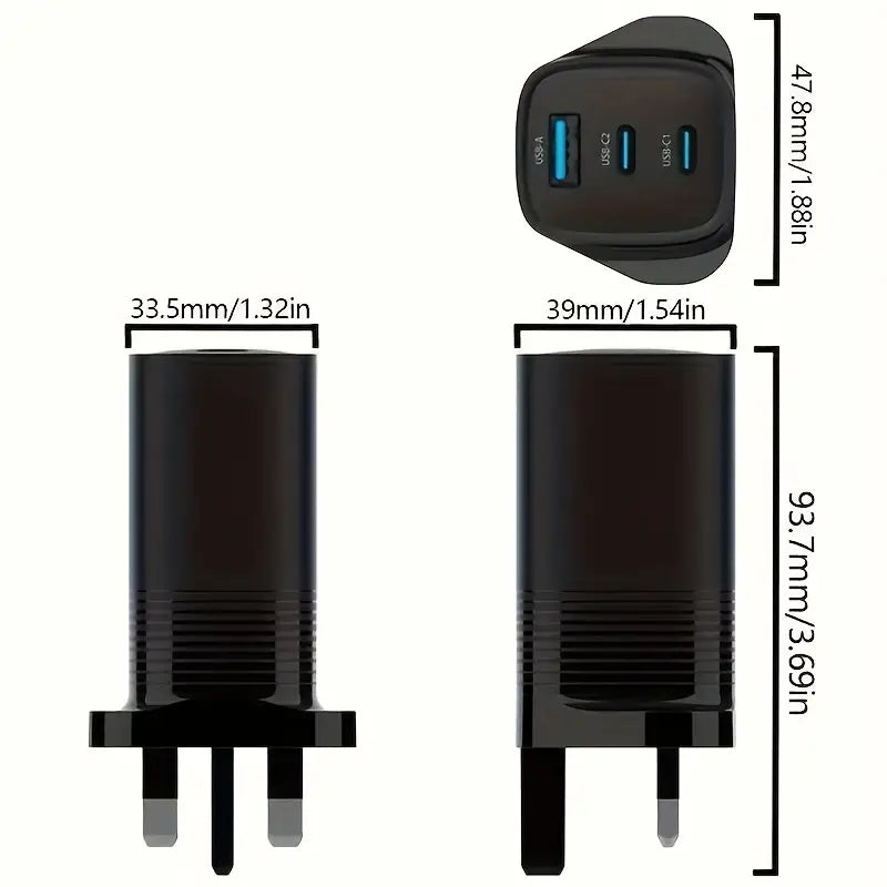 Black USB-C wall charger with dimensions labeled on a white background