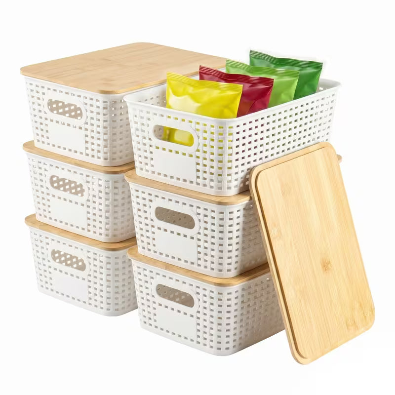 White Stackable Storage Bins with Bamboo Lids Plastic Organiser Boxes for Home & Office