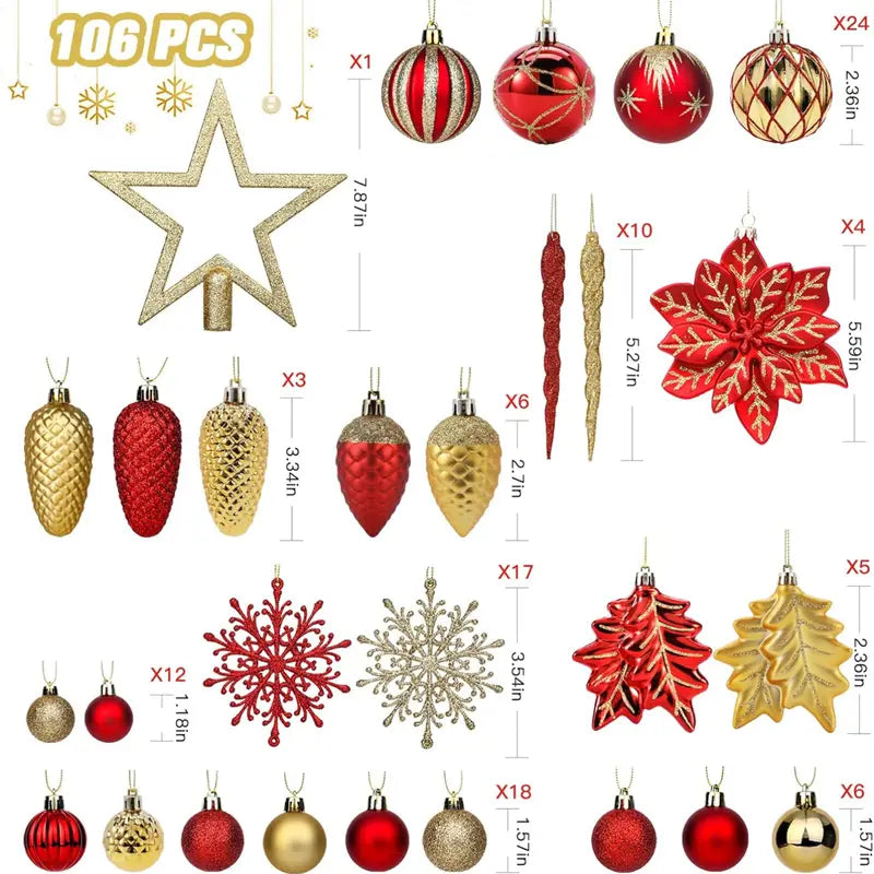 106 Piece Red Gold Christmas Decoration Ornaments Set Baubles Tree Topper Hooks Included