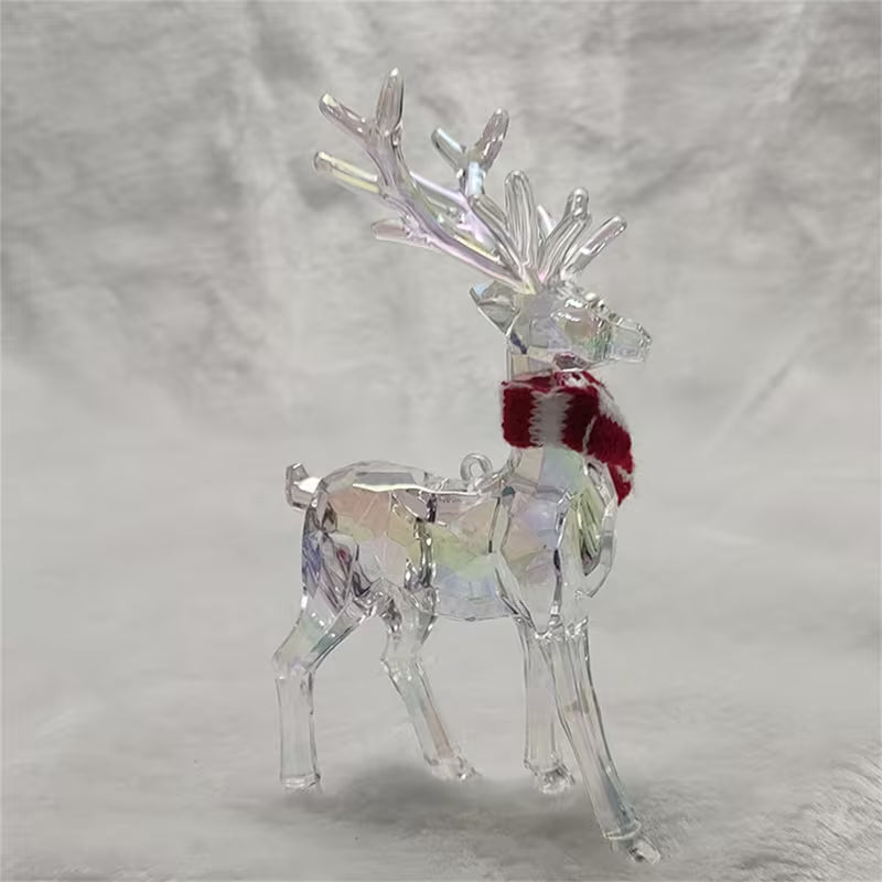Clear Standing Elk Reindeer Figurine with Red & White Striped Scarf Iridescent Antlers Durable Plastic Christmas Decor Elegant Holiday Table top Desk Statue