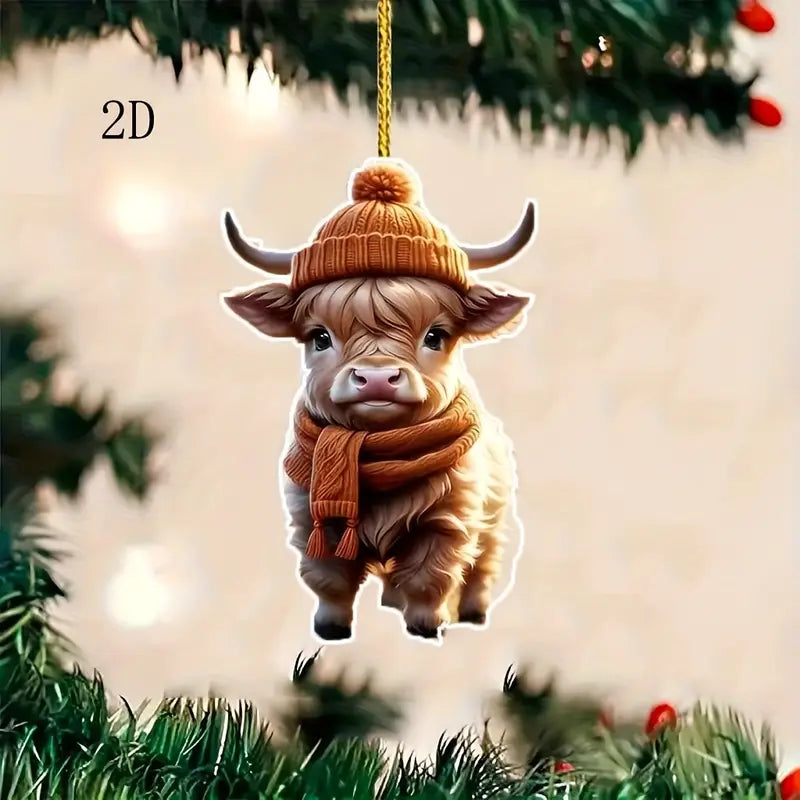 2D Cute Highland Cow Acrylic Pendant Flat Christmas Tree Decoration Home Decor